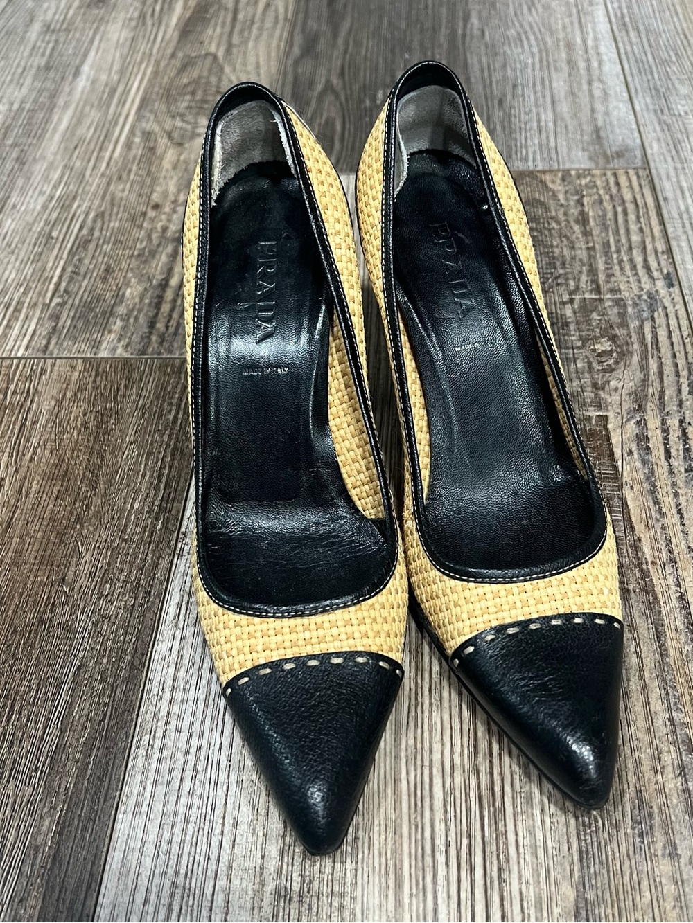 Prada Black & Natural Woven Pointed-Toe Pumps Size 38